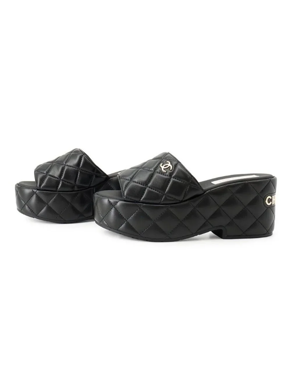 Chanel Sandals CC Logo Quilted Wedge Sole Lambskin 38c Shoes Black